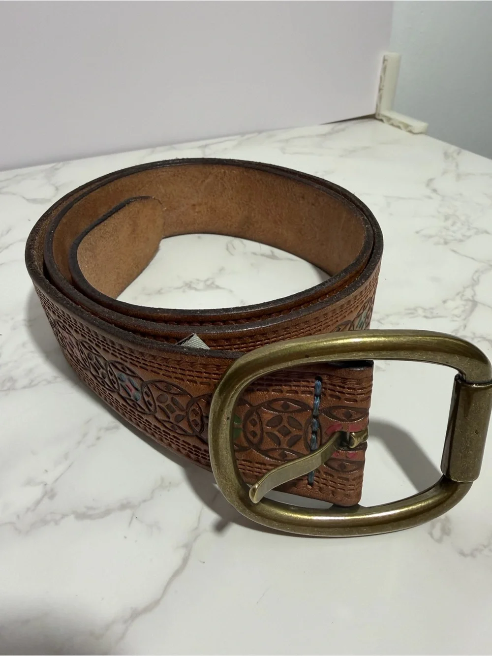 Fossil Brown Tooled Leather Women's Belt with Unique Design and Brass Buckle - S